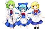  3girls absurdres alternate_costume blonde_hair blue_eyes blue_hair cirno enmaided green_hair hands_on_hips highres ice ice_wings maid maid_headdress mugetsu multiple_girls red_ribbon ribbon robot ruukoto touhou touhou_(pc-98) wings yellow_eyes yuyumi_(yuurei) 