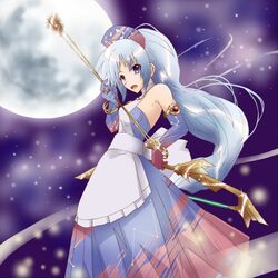  1girl alternate_costume apron armlet armpits arrow bare_shoulders blue_eyes bow_(weapon) bracelet dress elbow_gloves full_moon gigigio_(5315yuina) glint gloves hat jewelry light_trail long_hair looking_at_viewer moon necklace night nurse_cap open_mouth outdoors ponytail silver_hair sky solo star_(sky) starry_sky strapless_dress touhou very_long_hair weapon yagokoro_eirin 