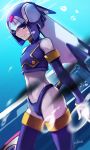  1girl artist_name blue_eyes blurry bubble depth_of_field elbow_pads leviathan_(rockman) looking_at_viewer navel rockman rockman_zero smile solo swd3e2 tagme 