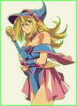  1girl bare_shoulders blonde_hair breasts dark_magician_girl green_eyes hat highres kamaya long_hair solo staff yuu-gi-ou yuu-gi-ou_duel_monsters 