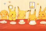  cake closed_eyes eating food heart no_humans omelette_(chako3) open_mouth pikachu pokemon pokemon_(creature) 