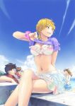  2boys 2girls blonde_hair breasts camera can carina_(xiaowoo) cleavage clouds drinking glasses highres large_breasts multiple_boys multiple_girls ocean original sitting_on_object smile summer sweat undressing yellow_eyes 