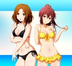  2girls amakata_miho bare_shoulders bikini black_bikini blush breasts brown_eyes brown_hair cleavage free! front-tie_top long_hair looking_at_viewer matsuoka_gou multiple_girls navel ponytail red_eyes redhead shian_(my_lonly_life.) short_hair side-tie_bikini smile swimsuit yellow_bikini 