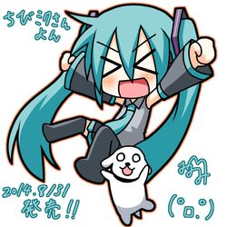  &gt;_&lt; 1girl aqua_hair arms_up black_legwear blush chibi_miku detached_sleeves dog hamo_(dog) hatsune_miku long_hair long_sleeves minami_(colorful_palette) necktie shirt skirt thigh-highs twintails very_long_hair vocaloid wide_sleeves 