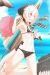  1girl bikini grin highres kantai_collection meth_(emethmeth) pale_skin re-class_battleship red_eyes scar scarf shinkaisei-kan short_hair silver_hair smile swimsuit umbrella 