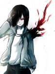  1girl aria1211 black_sclera glowing glowing_eye hair_over_one_eye hand_on_head highres hoodie kirishima_touka long_sleeves monochrome partially_colored red_eyes short_hair single_wing solo spoilers tokyo_ghoul white_background wings 