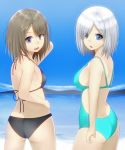  1girl ass back beach bikini blue_eyes blue_sky breasts brown_hair clouds competition_swimsuit hair_ornament hair_over_one_eye hairclip hamakaze_(kantai_collection) island kantai_collection looking_at_viewer looking_back maya_(kantai_collection) ocean one-piece_swimsuit open_mouth sand short_hair silver_hair sky swimsuit water white_hair yuushin 