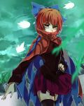  1girl absurdres black_legwear blouse bow cape covered_mouth eyelashes grass hair_bow hand_on_hip hidden_mouth high_collar highres leaf long_sleeves looking_at_viewer red_eyes redhead ripples rock sekibanki shirt short_hair skirt solo thigh-highs touhou tsurime tunic water willow zettai_ryouiki 