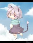 1girl akagashi_hagane animal_ears blue_sky capelet chibi clouds dress grey_dress letterboxed long_sleeves looking_at_viewer looking_back mouse mouse_ears nazrin pink_eyes sky solo tail touhou
