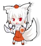  1girl animal_ears bare_shoulders breasts chibi detached_sleeves fang geta hat honda_takaharu inubashiri_momiji midriff navel open_mouth pom_pom_(clothes) red_eyes shield short_hair silver_hair simple_background solo sword tail tokin_hat touhou weapon white_background wolf_ears wolf_tail 