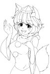  1girl animal_ears bare_shoulders blush breasts detached_sleeves fang hand_on_own_chest hat highres inubashiri_momiji large_breasts lineart looking_at_viewer monochrome open_mouth pom_pom_(clothes) sarashi shinomiya_naka short_hair simple_background solo tail tokin_hat touhou white_background wolf_ears wolf_tail 