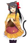  1girl animal_ears bell black_hair blue_eyes cat_ears cat_tail dress hair_ribbon kinka_(onigiri) onigiri_(mmorpg) pantyhose ribbon tail tray 