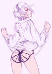  1girl ass bow bow_panties hairband komeiji_satori kurokuro long_sleeves looking_at_viewer looking_back panties red_eyes shirt silver_hair skirt skirt_lift solo touhou underwear wide_sleeves 