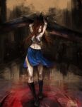  1girl blood blood_on_face boots brown_eyes erza_scarlet fairy_tail genniieeee long_hair redhead skirt sword weapon 