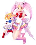  2girls :o age_switch bishoujo_senshi_sailor_moon blonde_hair blue_eyes boots bow brooch chibi_usa choker double_bun elbow_gloves gloves hair_ornament hairpin isozi jewelry knee_boots long_hair looking_back multiple_girls older pink_hair pleated_skirt red_eyes ribbon sailor_chibi_moon sailor_collar sailor_moon short_hair skirt smile super_sailor_chibi_moon super_sailor_moon tiara tsukino_usagi twintails white_background white_gloves younger 
