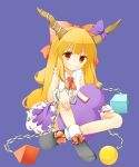  1girl ankle_socks blue_background bow chain cube cuffs ellipsis_(mitei) gourd hair_bow hand_rest highres horn_ribbon horns ibuki_suika knee_up long_hair looking_at_viewer manacles orange_hair pyramid_(geometry) red_eyes ribbon shoe_ribbon simple_background sitting skirt sleeveless sleeveless_shirt smile solo sphere touhou very_long_hair wrist_cuffs 