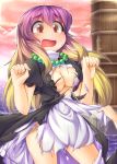  1girl blonde_hair blush breasts brown_eyes cleavage dress fun_bo gradient_hair hijiri_byakuren large_breasts long_hair multicolored_hair open_mouth purple_hair solo_focus tears torn_clothes touhou 