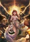  1girl angel angel_wings breasts brown_hair clouds feathered_wings feathers highres hong long_hair looking_at_viewer night night_sky no_bra open_mouth original red_eyes shiny shiny_skin sky solo spread_wings star_(sky) sunbeam sunlight very_long_hair wings 