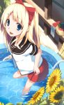  blonde_hair blue_eyes fikusipu flower food fruit hose long_hair pool ribbon school_uniform smile toshinou_kyouko watermelon yuru_yuri 