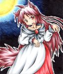  1girl absurdres animal_ears bare_shoulders blush breasts brown_hair collarbone dress fang full_moon highres imaizumi_kagerou inte_(whitewolftail) long_hair looking_at_viewer moon night open_mouth paw_pose red_eyes solo tail touhou wolf_ears wolf_tail 