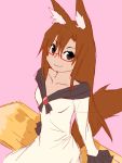  1girl animal_ears bare_shoulders breasts brown_hair collarbone dress glasses imaizumi_kagerou jewelry long_hair looking_at_viewer matsuda_kiyopii pink_background red_eyes semi-rimless_glasses simple_background sitting smile solo tail touhou wolf_ears wolf_tail 