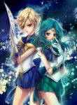  2girls aqua_hair bishoujo_senshi_sailor_moon blonde_hair blue_eyes blue_skirt bow brooch choker deep_aqua_mirror expressionless gloves green_skirt jewelry kaiou_michiru ln magical_girl multiple_girls outer_senshi pleated_skirt ribbon sailor_neptune sailor_senshi sailor_uranus short_hair skirt smile space_sword super_sailor_neptune super_sailor_uranus ten&#039;ou_haruka tiara white_gloves 