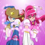  2girls aino_megumi angry blue_eyes boots bow brooch brown_skirt clenched_teeth cowboy_hat cure_lovely happinesscharge_precure! hat jewelry long_hair magical_girl moritakusan multiple_girls petals pink_background pink_hair pink_skirt ponytail precure puffy_sleeves punching red_eyes red_haired_cure_(bomber_girls_precure)_(happinesscharge_precure!) redhead ribbon skirt star symmetry thigh-highs thigh_boots twintails white_legwear 