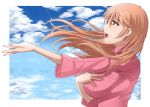  1girl arm_up brown_hair clouds green_eyes hand_on_own_chest long_hair nike_remercier open_mouth rain seven_(11) sky soredemo_sekai_wa_utsukushii wet 