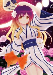  1girl alternate_costume blonde_hair blush cpu_(hexivision) fan fish flower fox_mask goldfish gradient_hair hijiri_byakuren hydrangea japanese_clothes kimono long_hair mask multicolored_hair purple_hair solo summer_festival touhou yellow_eyes yukata 