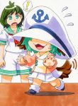  ! 2girls animal_ears child commentary_request flying_sweatdrops green_hair hat kasodani_kyouko kawachi_koorogi long_sleeves marker_(medium) millipen_(medium) multiple_girls murasa_minamitsu open_mouth outstretched_arms puffy_short_sleeves puffy_sleeves sailor_hat shirt short_sleeves shorts skirt smile spoken_exclamation_mark tail touhou traditional_media younger 