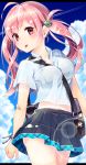  1girl bag bandaid blue_clothes breasts hair_ornament highres lens_flare looking_at_viewer messenger_bag navel original pink_eyes pink_hair sakuragi_ren shoulder_bag skirt sky solo tongue tongue_out twintails white_clothes 