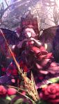  1girl adapted_costume alternate_costume armchair ascot bat_wings blurry bow chair depth_of_field flower gears hat hat_ribbon highres looking_at_viewer mob_cap parted_lips polearm purple_hair red_eyes remilia_scarlet ribbon rose ryosios short_hair sitting solo spear spear_the_gungnir tagme throne touhou weapon wings 