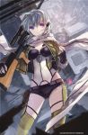  1girl artist_name black_gloves blue_eyes bullet carrying carrying_over_shoulder fingerless_gloves gloves gun hair_ornament hairclip highres holding parted_lips rifle scarf shinon_(sao) short_hair shorts silver_hair sniper_rifle solo swd3e2 sword_art_online tagme weapon wind 