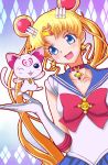 1girl :d amawa_kazuhiro bishoujo_senshi_sailor_moon blonde_hair blue_eyes bow brooch cat choker double_bun earrings elbow_gloves gloves hair_ornament hairpin highres hummy_(suite_precure) jewelry long_hair magical_girl mitsuishi_kotono one_eye_closed open_mouth precure ribbon sailor_collar sailor_moon seiyuu_connection smile suite_precure tsukino_usagi twintails white_gloves 
