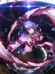  1girl blue_hair bow capelet energy_ball hat hat_bow hat_removed hat_ribbon headwear_removed hong long_skirt long_sleeves looking_at_viewer nagae_iku pink_eyes ribbon shawl shirt skirt solo touhou 