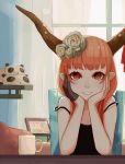  1girl artist_name atg_(wttoo0202) camisole chair cup curtains doll elbow_rest flower hair_flower hair_ornament head_rest horn_ribbon horns ibuki_suika indoors long_hair looking_at_viewer mug orange_hair panda parted_lips picture_frame pointy_ears red_eyes ribbon rose shelf single_glove solo strap_slip table touhou white_rose window 