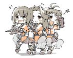  &gt;:d 3girls :&gt; :d ahoge aircraft_catapult belt brown_hair double_bun elbow_gloves gloves jintsuu_(kantai_collection) kantai_collection lineup long_hair machinery multiple_girls naka_(kantai_collection) neckerchief one_eye_closed open_mouth orange_eyes pleated_skirt sendai_(kantai_collection) short_hair skirt smile smoke star torihamu twintails w white_background 