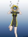 1girl air_bubble barefoot blonde_hair breath bubble diving diving_mask freediving holding_breath looking_at_viewer ocean open_mouth original saver_(artbysaver) short_hair smile swimming underwater water wetsuit 