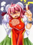  1girl bandages breasts bun_cover chinese_clothes cuffs double_bun fang flower hand_on_hip ibaraki_kasen kawachi_koorogi lecturing marker_(medium) open_mouth pink_hair red_eyes rose short_hair solo tabard touhou traditional_media 