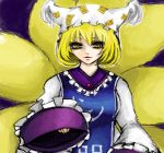  1girl arufe blonde_hair eyelashes faux_traditional_media foreshortening fox_tail hands_in_sleeves hat hat_with_ears looking_at_viewer multiple_tails ofuda parted_lips purple_background short_hair solo tabard tail tassel touhou wide_sleeves yakumo_ran yellow_eyes 