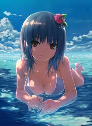  1girl absurdres aoyama_sumika barefoot bikini breasts brown_eyes cleavage coffee-kizoku dappled_sunlight flower hair_flower hair_ornament highres horizon lying ocean original silver_hair sky solo swimsuit water wet 