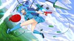  1girl backpack bag balloon between_breasts blue_eyes blue_hair blue_sky boots bullet clouds drill hair_bobbles hair_ornament hat highres kawashiro_nitori key missile mountain no_panties pocket river rock rubber_boots scenery short_hair short_sleeves short_twintails sky solo touhou tsukidaruma twintails upskirt water water_balloon water_gun weapon wrench 