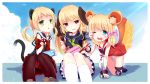  3girls all_fours animal_ears armband blade_&amp;_soul blonde_hair blue_eyes cat_ears chopsticks dexp dog_ears dress eating food green_eyes highres kneehighs long_hair lyn_(blade_&amp;_soul) multiple_girls obentou pantyhose red_eyes ribbon school_uniform serafuku short_dress sitting smile tail twintails 