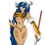  1girl blue_hair capra demon horns long_hair muscle paralove solo spear tribal white_background yellow_eyes 