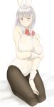  1girl animal_ears bare_shoulders black_legwear blush breast_hold breasts bunnysuit covered_navel fake_animal_ears grey_eyes hairband large_breasts long_hair ogros original pantyhose rabbit_ears see-through seiza silver_hair sitting solo sweat sweating sweating_profusely wet wet_clothes wrist_cuffs 