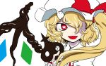  1girl ascot asymmetrical_wings blonde_hair flandre_scarlet hair_over_one_eye hat heart heart-shaped_pupils kagehito laevatein looking_at_viewer mob_cap red_clothes red_eyes short_hair side_ponytail smile solo_focus symbol-shaped_pupils touhou wavy_hair weapon wings 