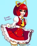  1girl bags_under_eyes blue_(hopebiscuit) bob_cut buttons commentary curtsey dress freckles happy_meal mcdonald&#039;s personification redhead short_hair solo thigh-highs 