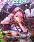 1girl alchemy arm_support book bookshelf bowl breasts cape cleavage dress erlenmeyer_flask grimoire hand_on_own_cheek hong hood library official_art one_eye_closed original pink_hair white_dress yellow_eyes 