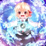  1girl blonde_hair bubble fang fish hair_ribbon kuroyume_(dark495) open_mouth outstretched_arms red_eyes ribbon rumia shirt skirt skirt_set smile solo touhou vest 