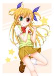  1girl ahoge blonde_hair clenched_hands flipper gradient gradient_background hair_ornament hair_ribbon heterochromia long_hair looking_at_viewer lyrical_nanoha mahou_shoujo_lyrical_nanoha_vivid open_mouth panties pantyshot pantyshot_(standing) pleated_skirt ribbon school_uniform shoes simple_background skirt solo standing star striped striped_panties tagme two_side_up underwear vivio white_legwear 